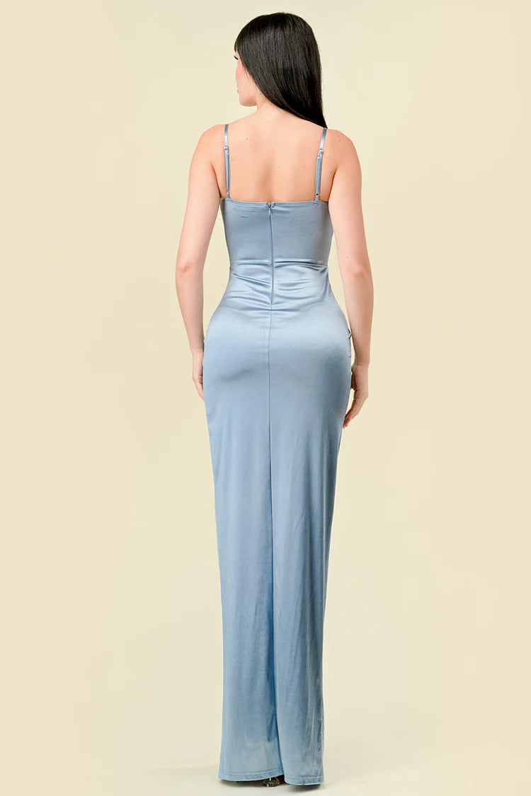 Light Blue Satin Corset Maxi Dress with Side Slit Discount Floor Length Prom Dresses